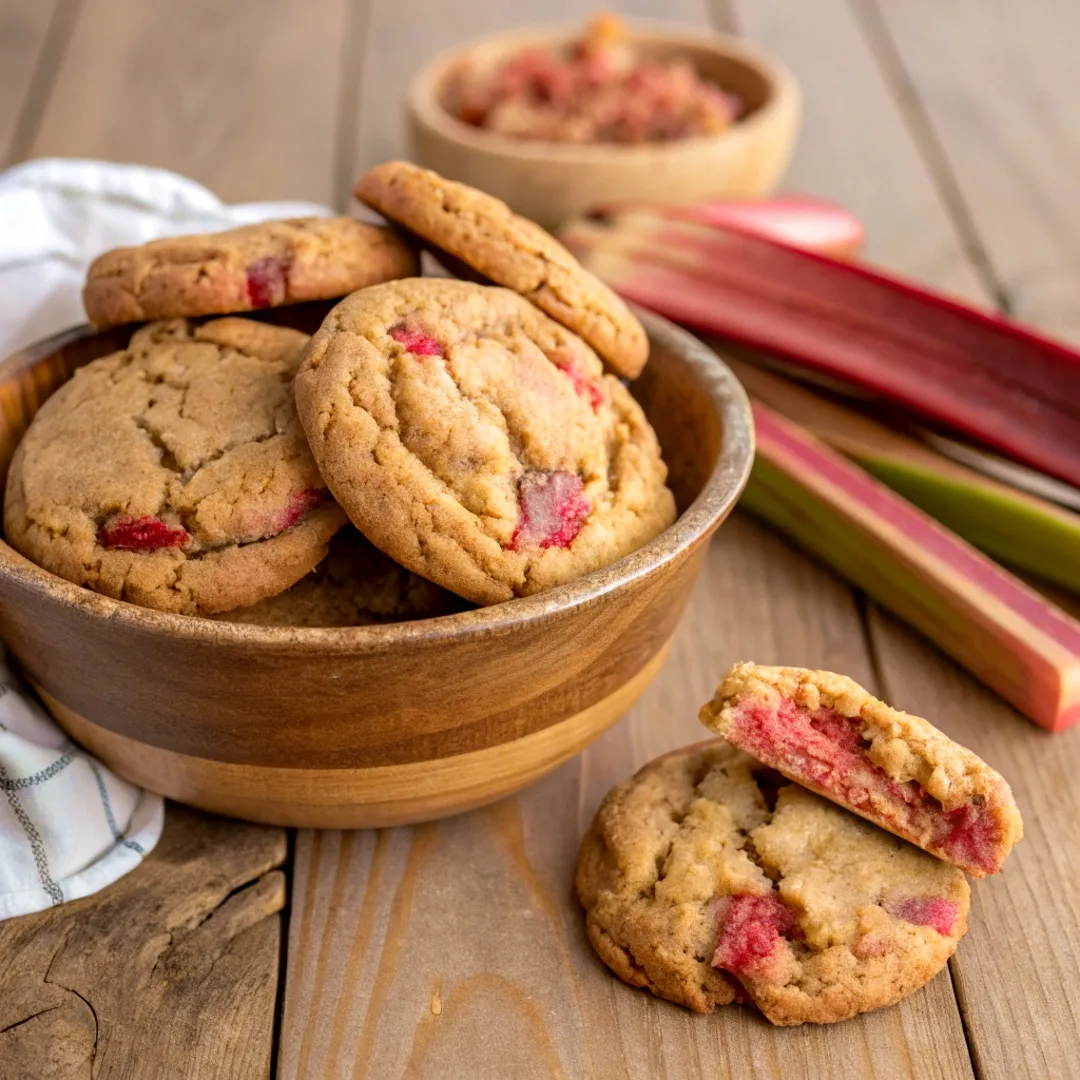 Brown sugar rhubarb cookies stacked in a bowl