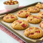 Batch of freshly baked rhubarb cookies on a baking tray