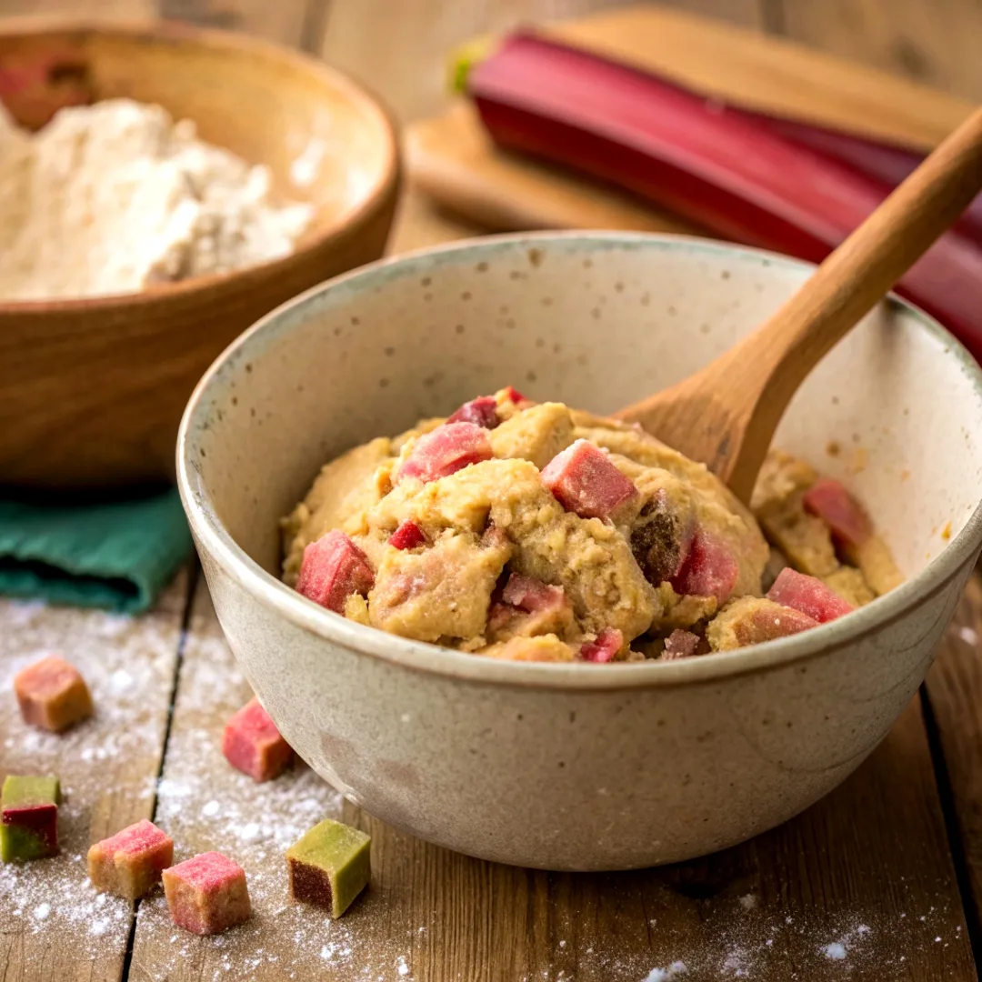 Close-up of rhubarb cookie dough with pink rhubarb pieces