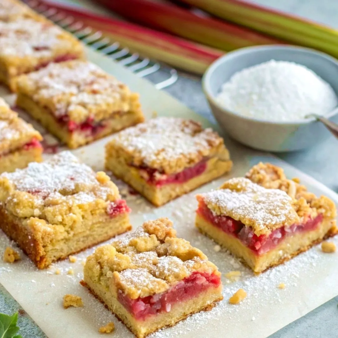 Freshly baked rhubarb dessert bars, golden brown on top with powdered sugar dusting and parchment paper lining.