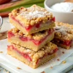 A stack of golden brown rhubarb bars dessert bars with crumb topping and powdered sugar dusting, showing layers of tart pink rhubarb filling.
