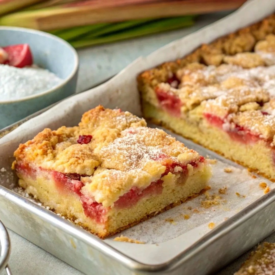 Freshly baked rhubarb dessert bars in a square pan, golden brown on top with powdered sugar dusting and parchment paper lining.
