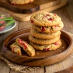 Stack of chewy brown sugar rhubarb cookies